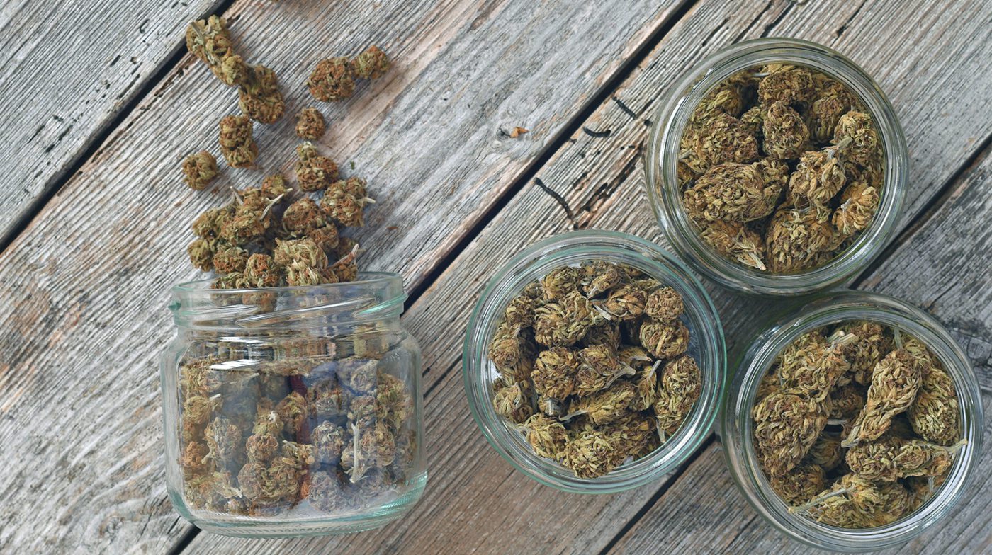 Dry and trimmed cannabis buds stored in a glas jars on a wooden table