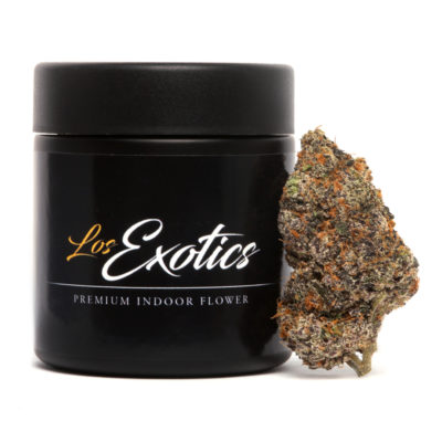 Black Los Exotics cannabis box with white background with the Platinum Lemon Cherry Gelato strain standing next to it.